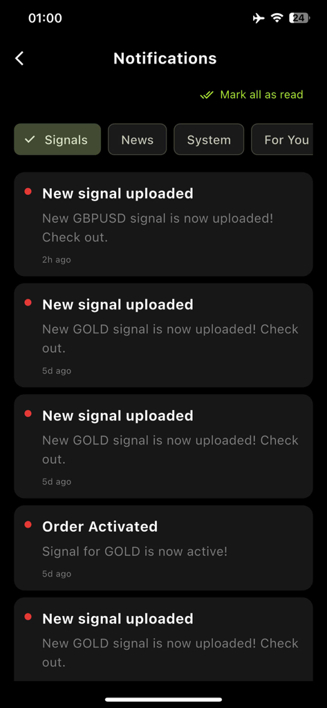 Ebila AI: Trading Signal - Ebila AI app notifications screen showing new trading signals for gold and forex pairs.