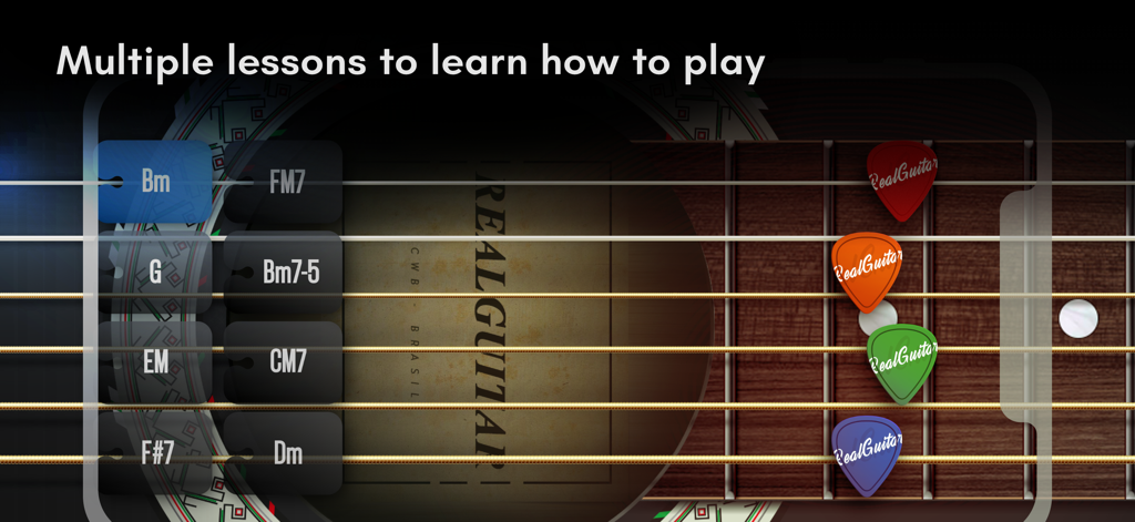 Real Guitar: lessons & chords - Real Guitar app interface showing guitar lessons and chord options on a virtual fretboard