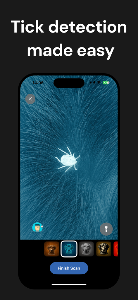 Tick Detector: Pet Tick Scan - Smartphone screen showing a pet tick highlighted with a high contrast negative filter in the Tick Detector app
