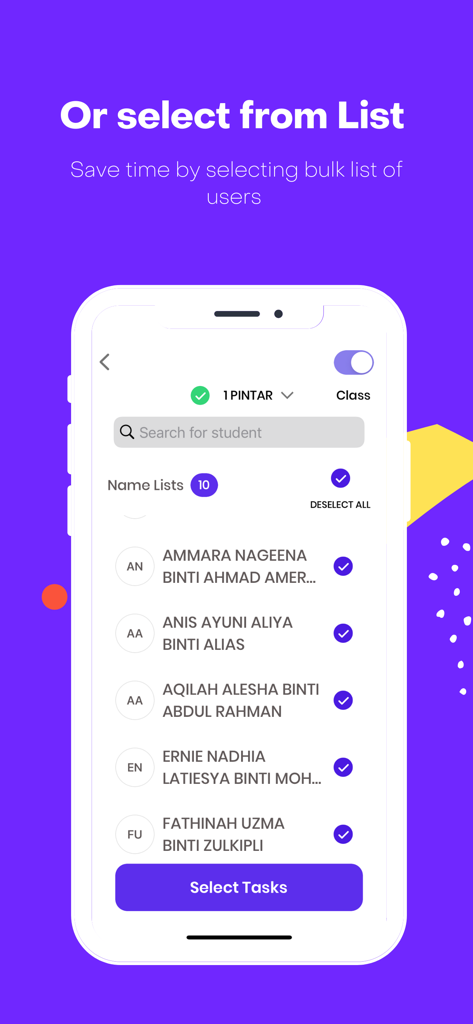 STUDENTQR POINTS for Educator - Bulk student selection screen in StudentQR Points for Educator app