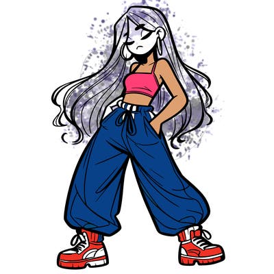 girl in baggy pants crop top and long hair