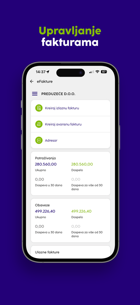 NLB mBizKlik Srbija app interface for electronic invoice management and business accounts