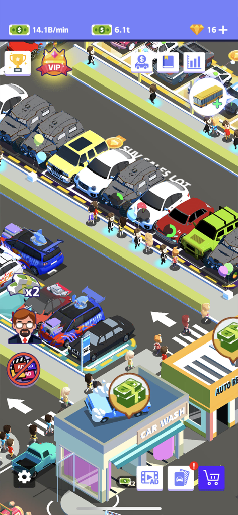 Used Cars Dealer Tycoon - Isometric gameplay view of a busy used car dealership showing car lots and a car wash station