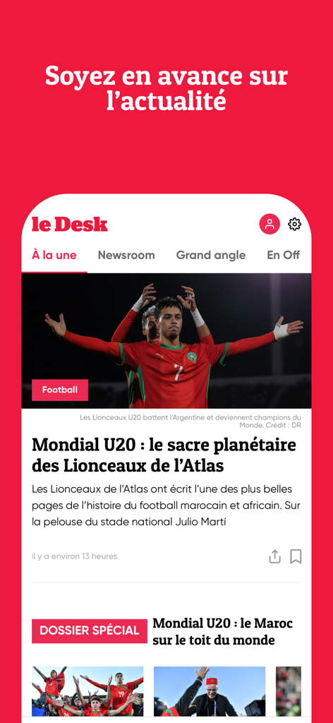 Le Desk - Startbildschirm der Le Desk Mobile App, der die neuesten Schlagzeilen und Kategorien für investigativen Journalismus zeigt.