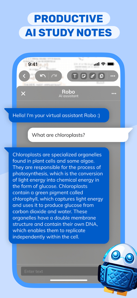 デジタルノートアプリのAIアシスタントインターフェイスが、生物学に関する学生の質問に答えています
