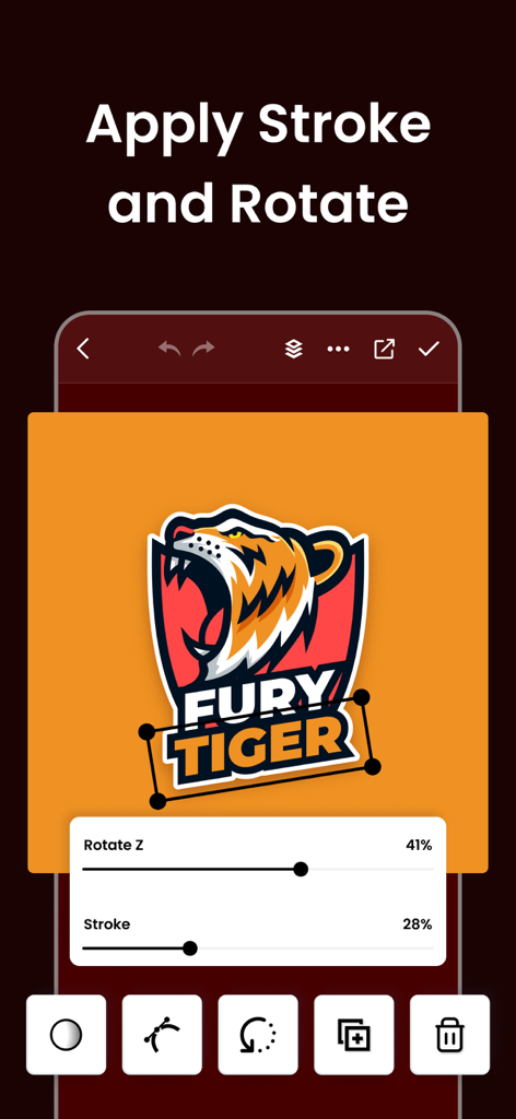 Logo Esport Gaming Maker - A mobile interface for editing an esport logo featuring a fury tiger mascot with sliders for stroke and rotation adjustments.
