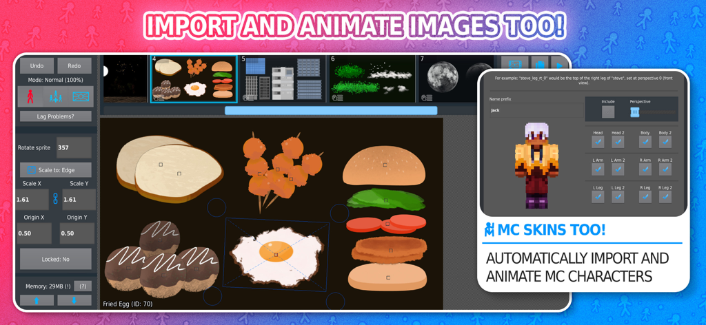 Stick Nodes Animator interface showing the import of custom images and Minecraft skins for animation.