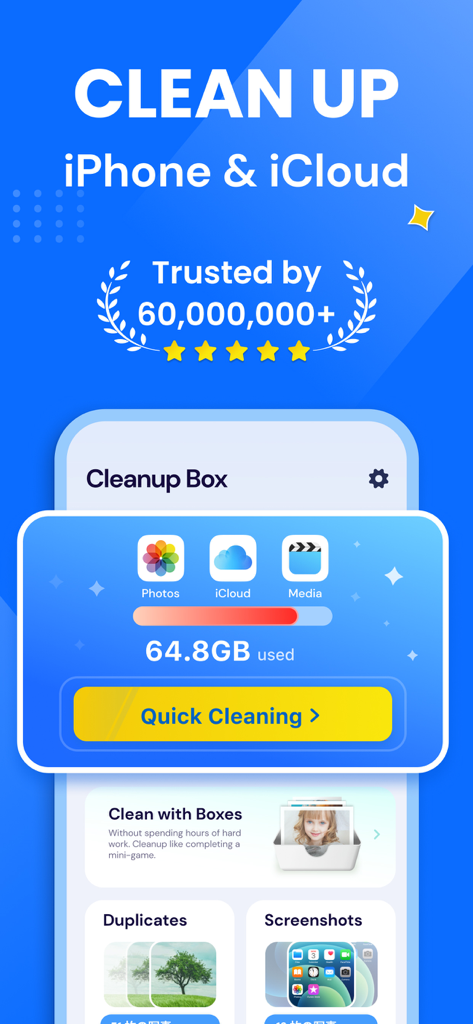Clean Storage Now: Cleanup App - Clean Storage Now app interface showing iPhone and iCloud storage usage with a quick cleaning button