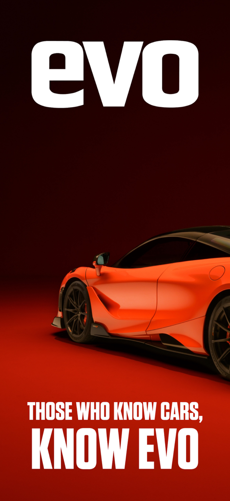 evo Magazine app splash screen featuring an orange supercar and the slogan Those who know cars know evo