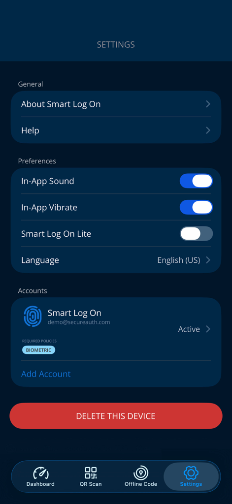 The settings screen of the Smart Log On mobile application featuring user preferences and account management.