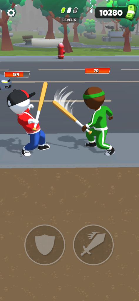 Merge Fighting: Fight Hit Game - Two characters fighting with wooden bats in a street battle level of Merge Fighting