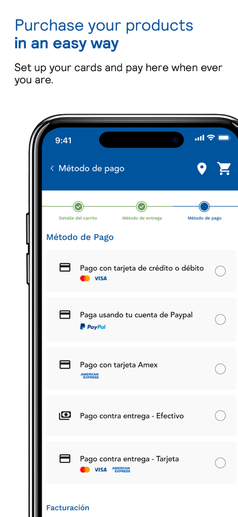 Benavides - Benavides app checkout screen showing payment options including credit cards PayPal and cash on delivery