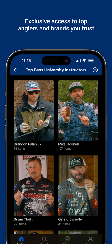 A list of professional bass fishing instructors on the Bass University app interface.