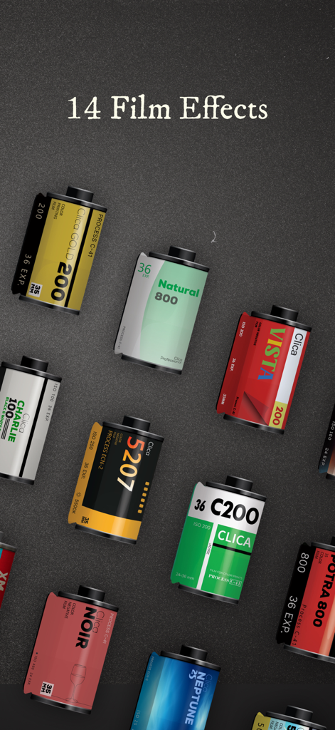 Clica - Authentic Film Camera - A collection of 14 vintage film canisters showcasing different analog film effects available in the Clica app.