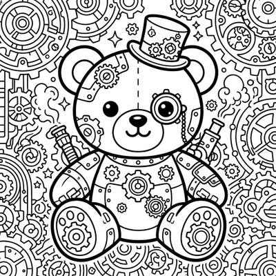 Embark on a charming coloring journey with this delightful kawaii steampunk teddy bear. Adorned with intricate gears and a whimsical top hat, this page offers a perfect blend of cuteness and retro-futuristic fun.