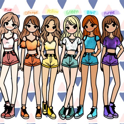 a group of girls wearing crop tops and shorts