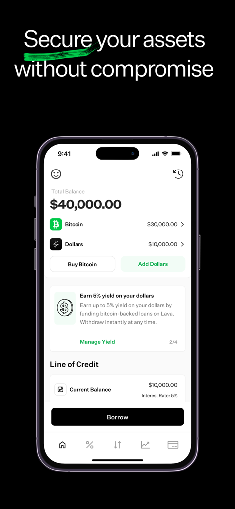 Lava: Secure Bitcoin Loans - Lavaアプリのインターフェース。ビットコイン残高と担保付きクレジットラインのダッシュボードが表示されています。