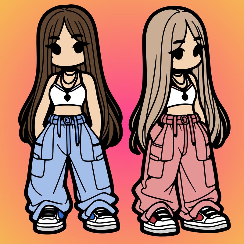 girl in baggy pants crop top and long hair