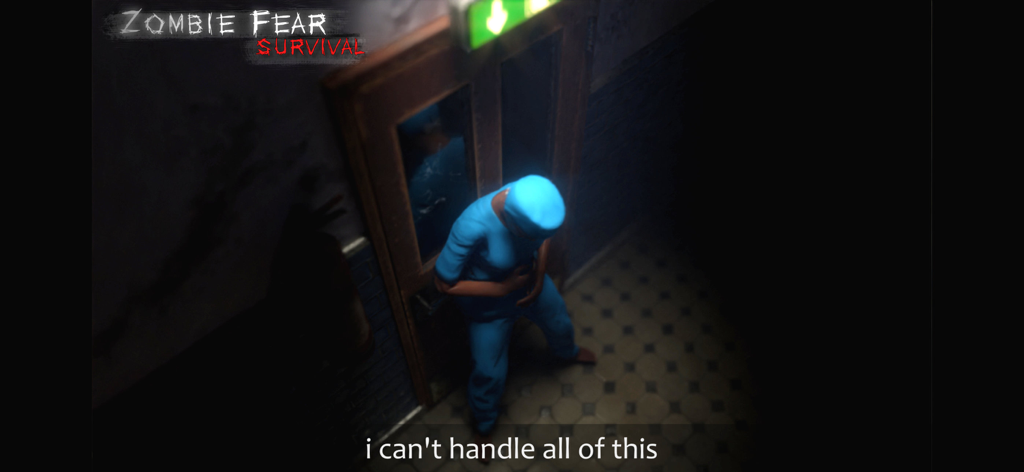 A character in blue scrubs stands in a dark hospital hallway in the Zombie Fear survival game.