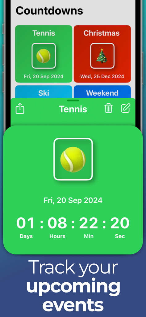 Countdown : days counter - The Countdown app interface displaying colorful tiles for tracking events like Tennis and Christmas with a live timer
