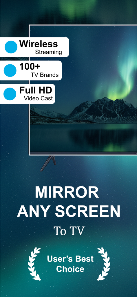 Screen Mirroring + Cast To TV - スクリーンミラーリングアプリのインターフェース。スマートTVでワイヤレスストリーミングとフルHDビデオキャスト機能が表示されています。