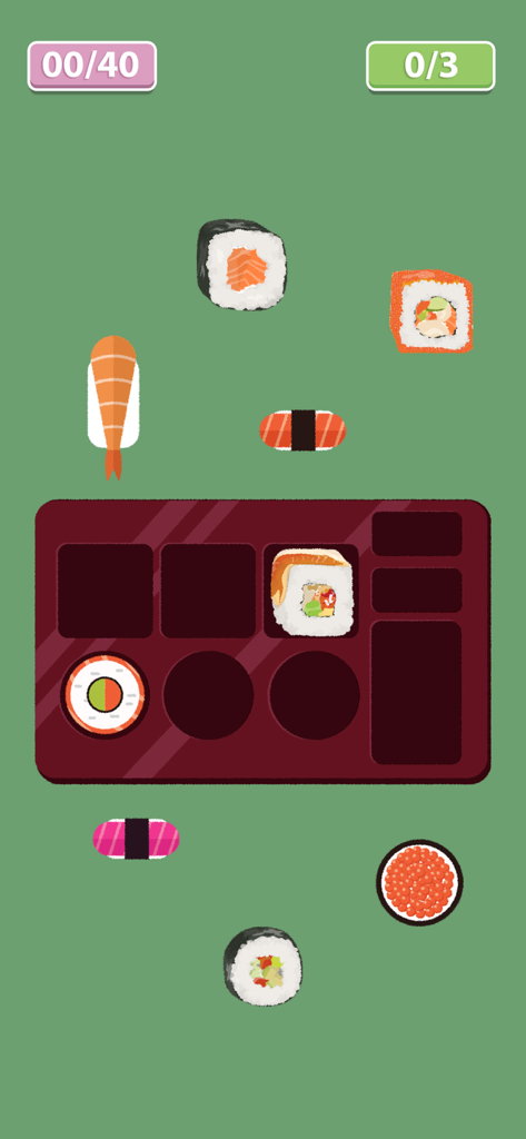 Fastest Worker Challenges - A mobile game screen from Fastest Worker Challenges showing a sushi sorting and bento box packing mini game