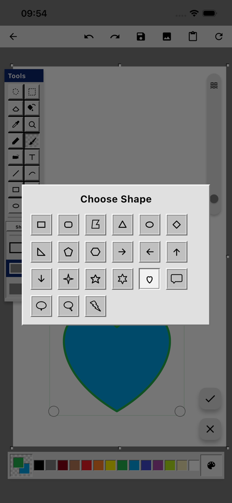 Ms Paint - 파란색 하트 그림 위에 팝업 메뉴를 선택하는 Ms Paint 앱 인터페이스