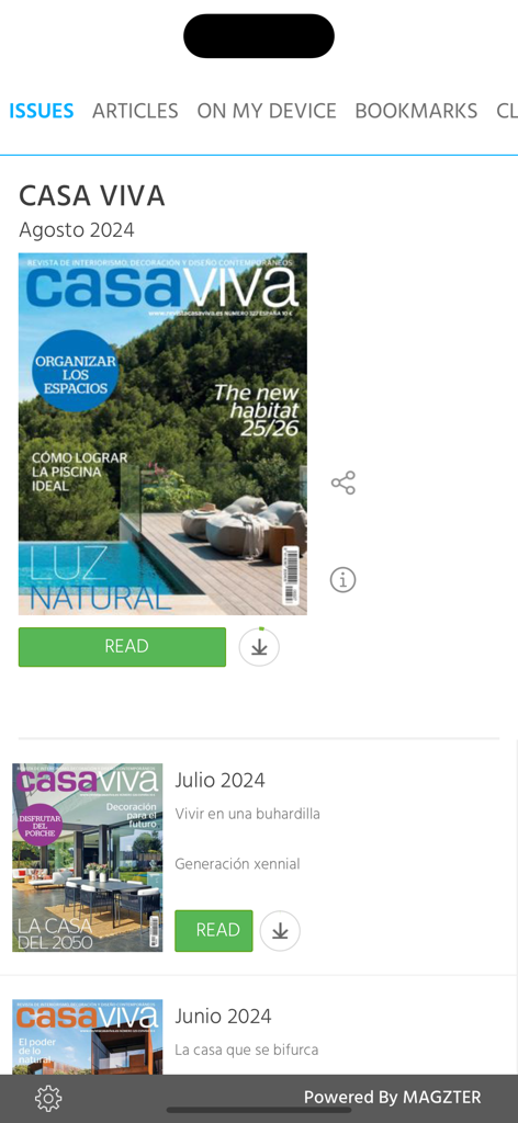 CASA VIVA (Magazine) - CASA VIVA app interface displaying a library of monthly digital interior design magazine issues