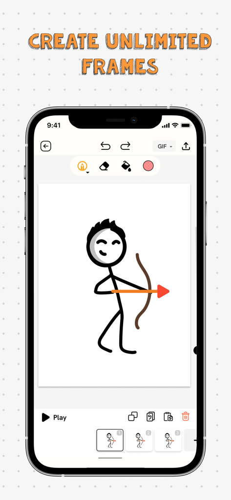 Mobile interface of the 2d animation creator app showing a stickman character with a bow and arrow in a frame by frame editor