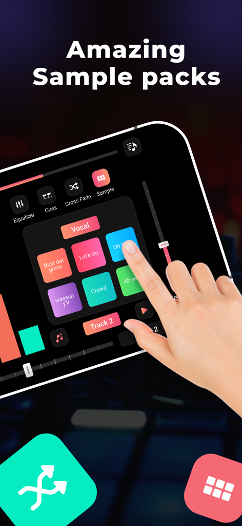 DJ Mixer - AI Vocal Remover - A hand selecting colorful sound samples in the DJ Mixer app interface