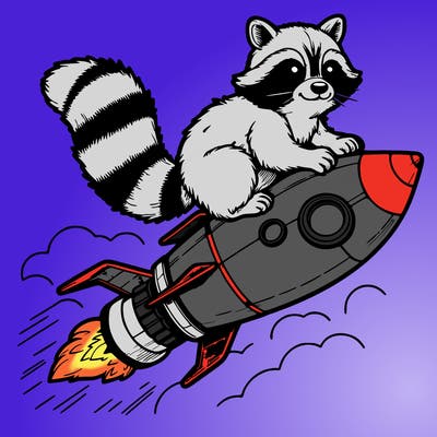 realistic raccoon flying on top rocket ship