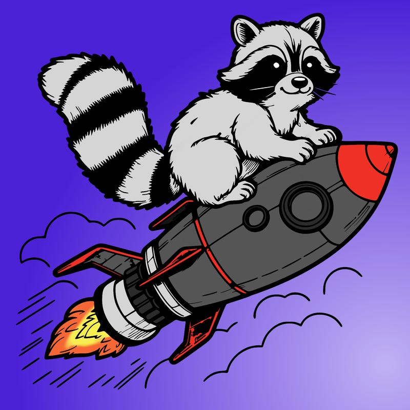 realistic raccoon flying on top rocket ship