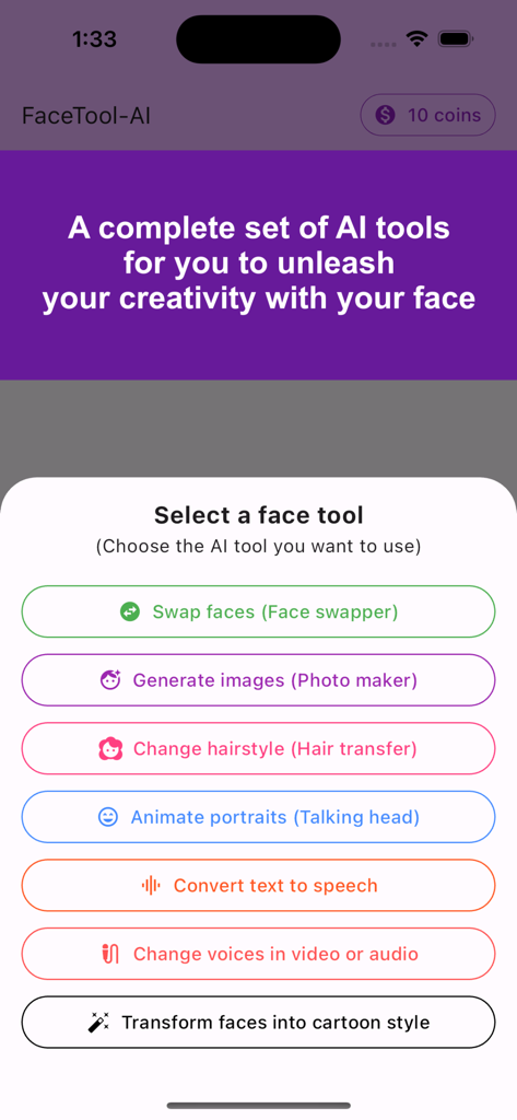 Menu principal do aplicativo FaceTool mostrando ferramentas de IA para geração de imagens de troca de rosto e clonagem de voz