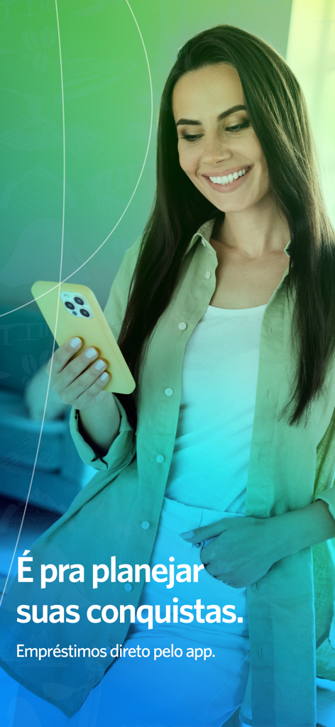 Banestes - A smiling woman looking at her smartphone with text in Portuguese about planning achievements and taking loans through the Banestes app.