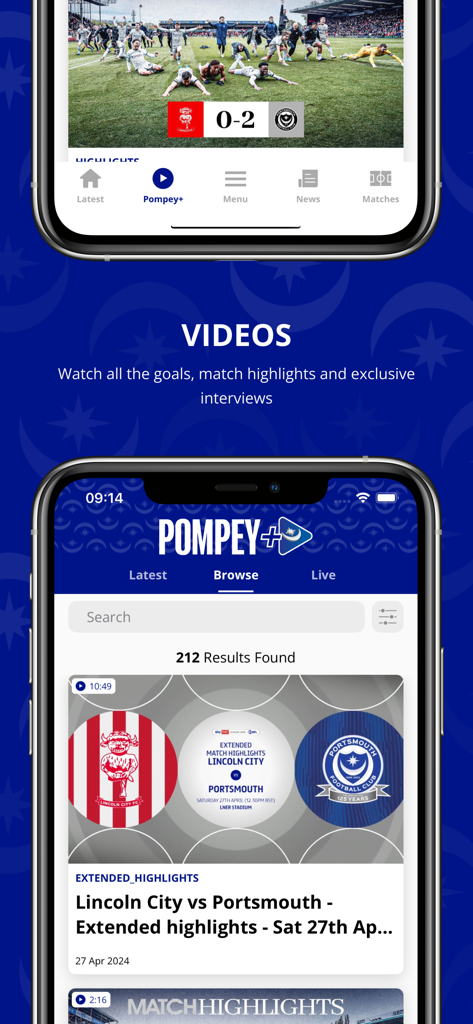 Portsmouth FC - Portsmouth FC official app screen displaying match highlights and Pompey Plus video content