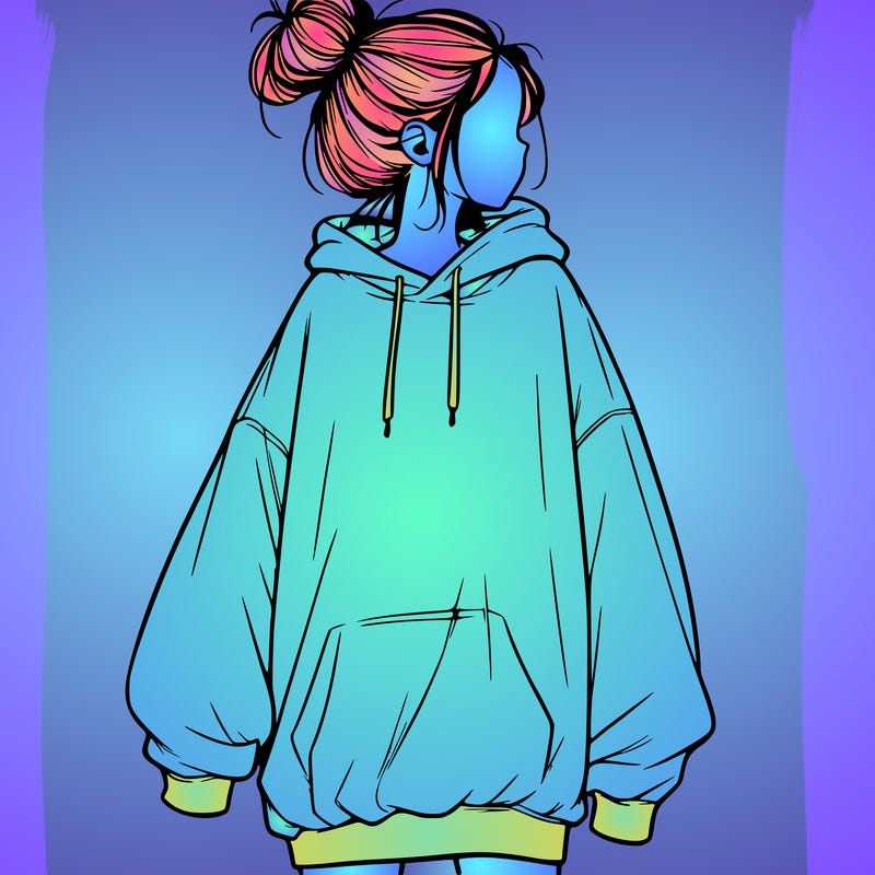realistic girl with a oversized sweatshirt on and a bun