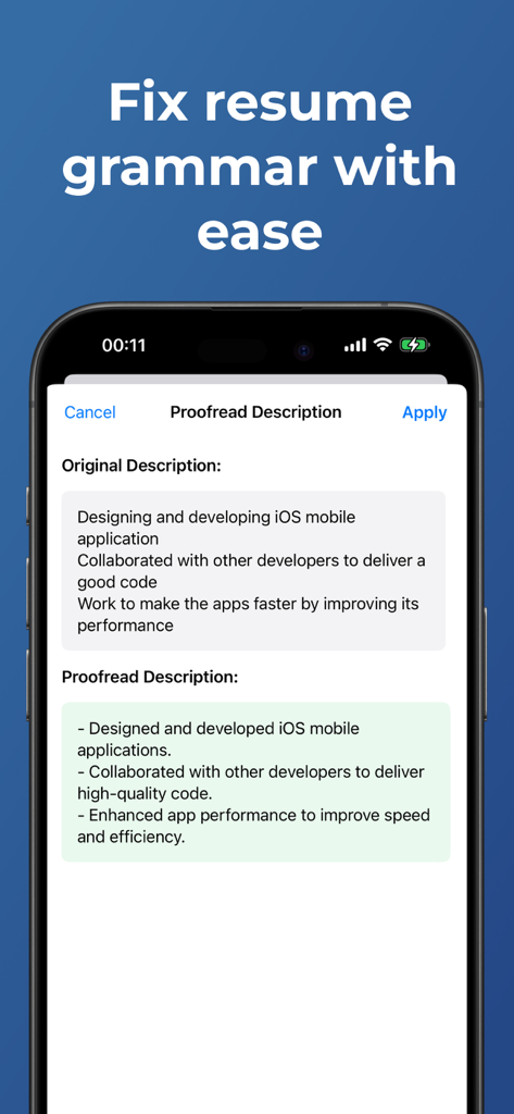 Resume Creator & Cover Letter - KI-Korrekturfunktion in einer Lebenslauf-Erstellungs-App, die ursprüngliche und korrigierte Stellenbeschreibungen anzeigt