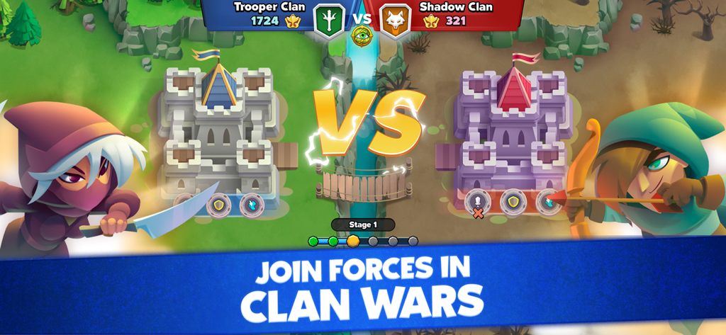 Top Troops: Adventure RPG - Top Troops mobile game screenshot showcasing a Clan Wars battle between Trooper Clan and Shadow Clan