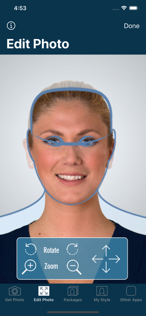 Interface of the Hairstyle Try On app showing a face alignment tool with zoom and rotate options