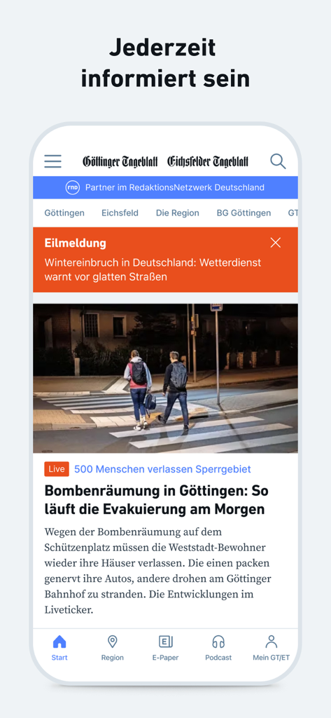 GT/ET - News und Podcast - Screenshot of the GT/ET news app home screen featuring regional news from Goettingen and Eichsfeld