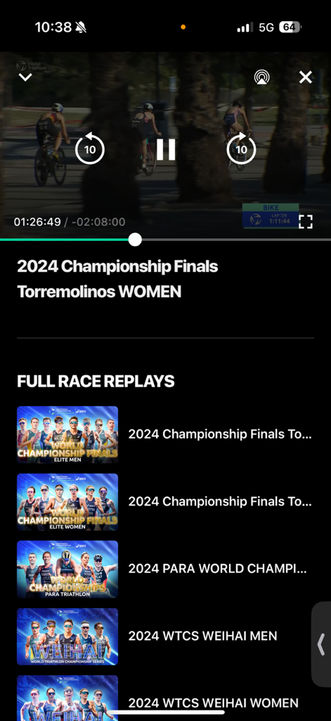 TriathlonLive app video player showing a women's race replay with a list of other race events below