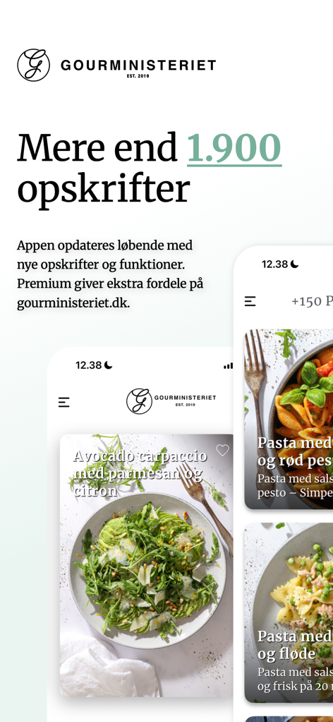 Interface da aplicação móvel Gourministeriet mostrando um design escandinavo minimalista com várias receitas saudáveis