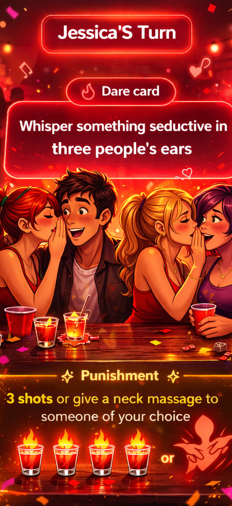 Schermata del gioco MACAJAY Truth or Dare che mostra una carta obbligo con sfida e opzioni di punizione