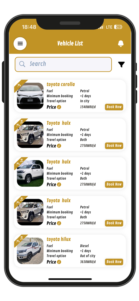 Kriliy Cars 앱의 모바일 인터페이스로, 가격 및 예약 옵션과 함께 Toyota Corolla, Toyota Hilux와 같은 사용 가능한 렌터카 목록 표시