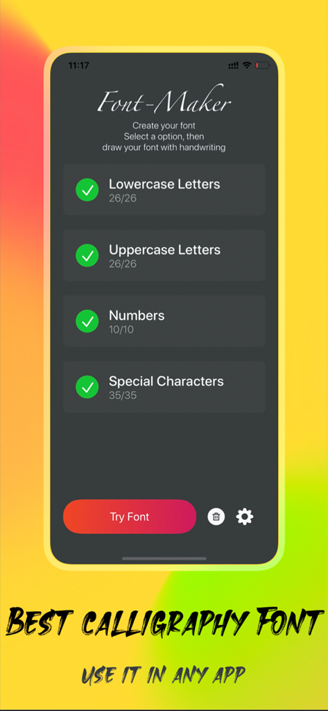 Font Maker Handwriting app interface showing the completed steps for creating custom lowercase, uppercase, numbers, and special characters.