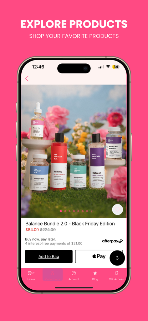 Her Fantasy Box app screen displaying the Balance Bundle Black Friday edition with various wellness products
