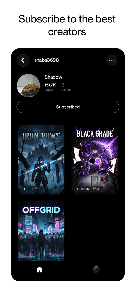 Trimz - Watch Short Series - Creator profile page on Trimz app showing short series titles and subscription status