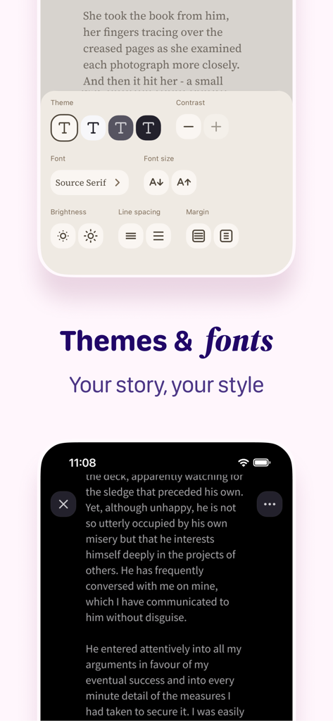 Fictivity: AO3 Unofficial - Fictivity app interface showing reading customization options for themes and fonts in light and dark modes.