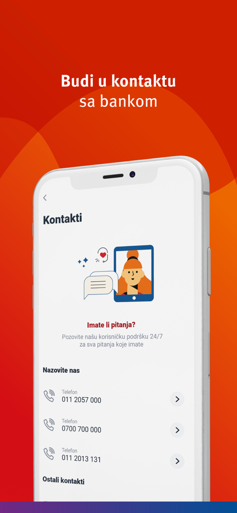 mBankar ProCredit Bank Srbija - mBankar mobile app contact page showing customer support phone numbers