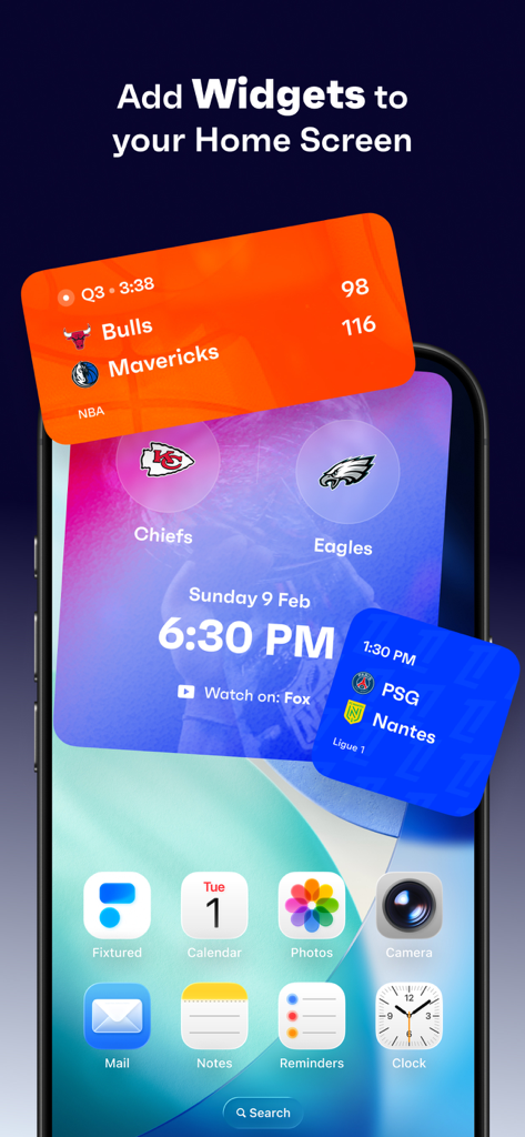 iPhone-Startbildschirm mit Fixtured Sport-Widgets, die Live-Ergebnisse und Spielpläne anzeigen